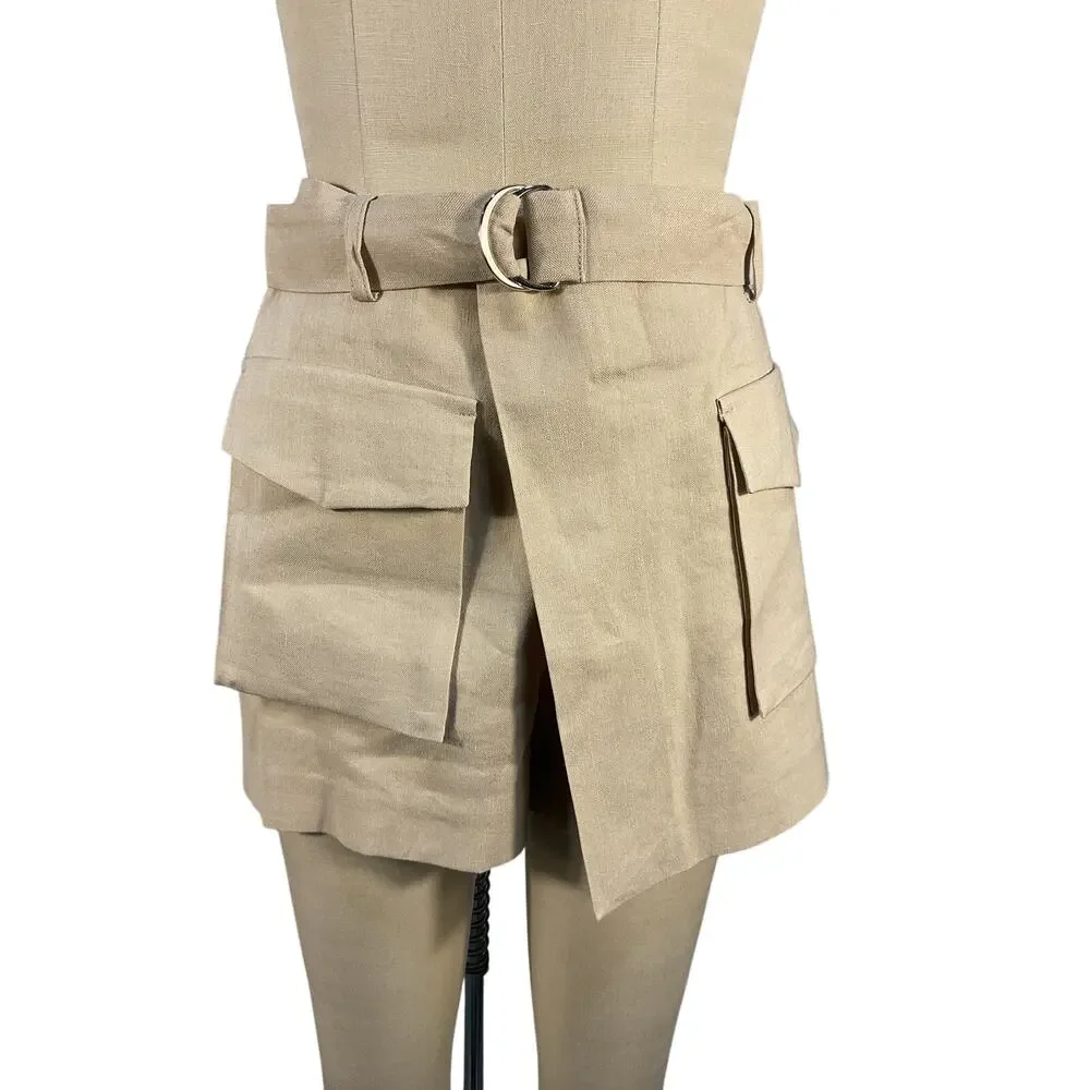 Maje Asymmetric Linen Blend Beige Cargo Shorts Size 4 US / 36 EU
